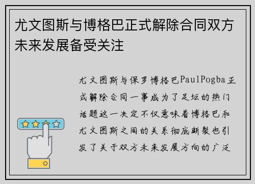 尤文图斯与博格巴正式解除合同双方未来发展备受关注 尤文图斯与博格巴正式解除合同双方未来发展备受关注